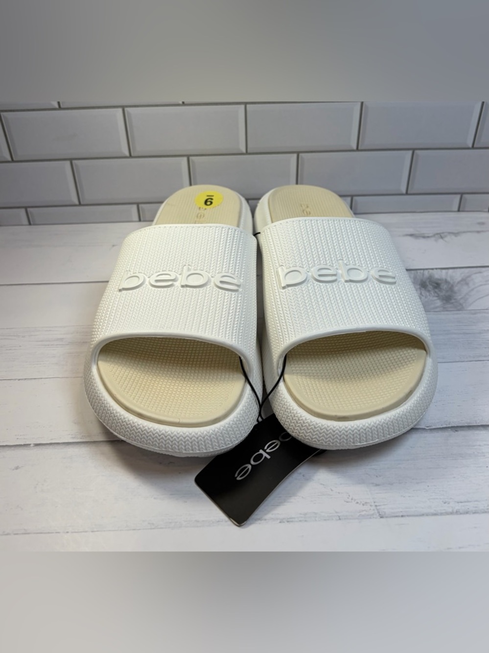 Bebe Cream White Slip On Slide Sandals with Embossed Logo